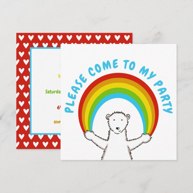 Custom Polar Bear & Rainbow Birthday Invitation (Front/Back)