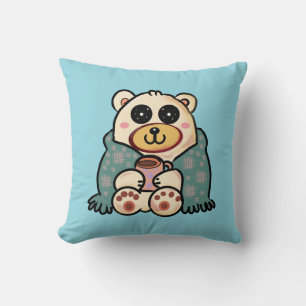 Custom Polar Bear with Coffee Cute Winter Art Cushion