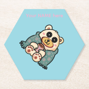 Custom Polar Bear with Coffee Cute Winter Art Paper Coaster