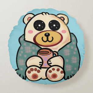 Custom Polar Bear with Coffee Cute Winter Art Round Cushion