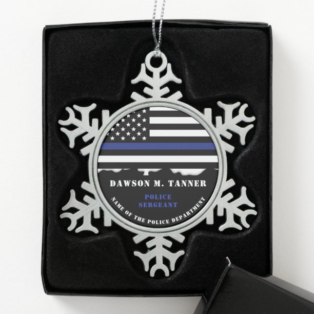 Custom Police Officer Appreciation Thin Blue Line Snowflake Pewter Christmas Ornament (Box)