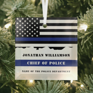 Custom Police Officer Thin Blue Line Flag US Flag Glass Tree Decoration