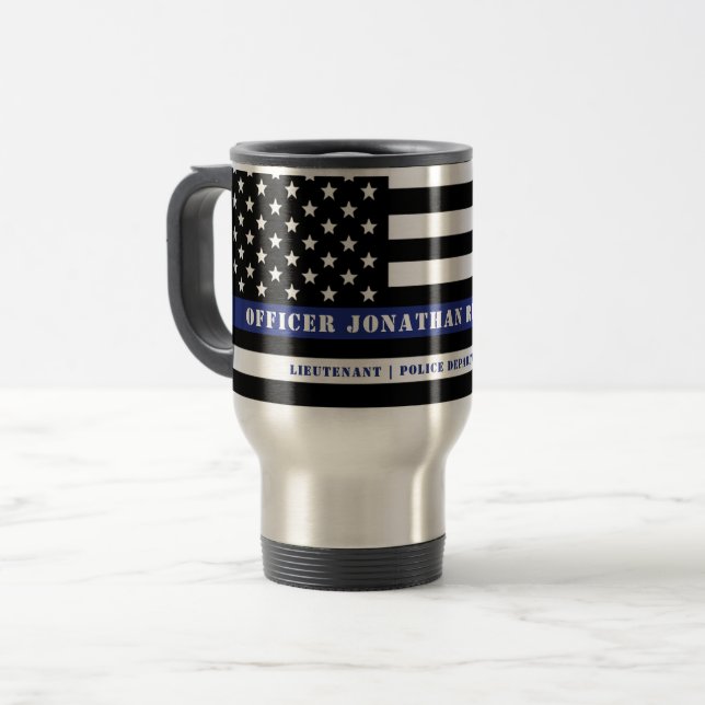 Custom Police Officer Thin Blue Line Police Dept Travel Mug (Front Left)