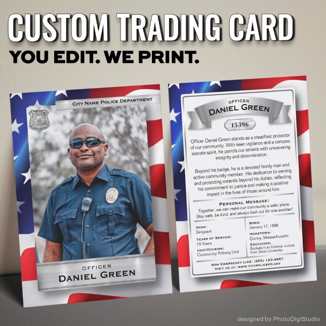 Custom Police Officer Trading Cards US Flag Silver (Custom Police Officer Trading Cards with USA Flag and Silver Elements)