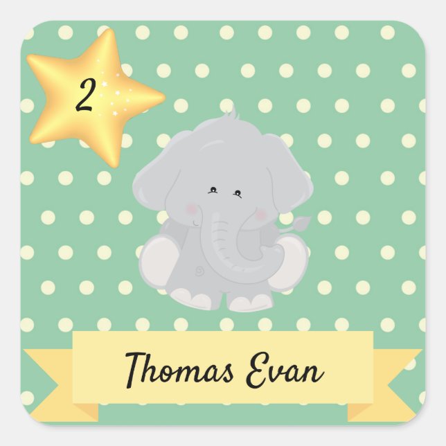 Custom Polka Dot Elephant with Name and Age Square Sticker (Front)