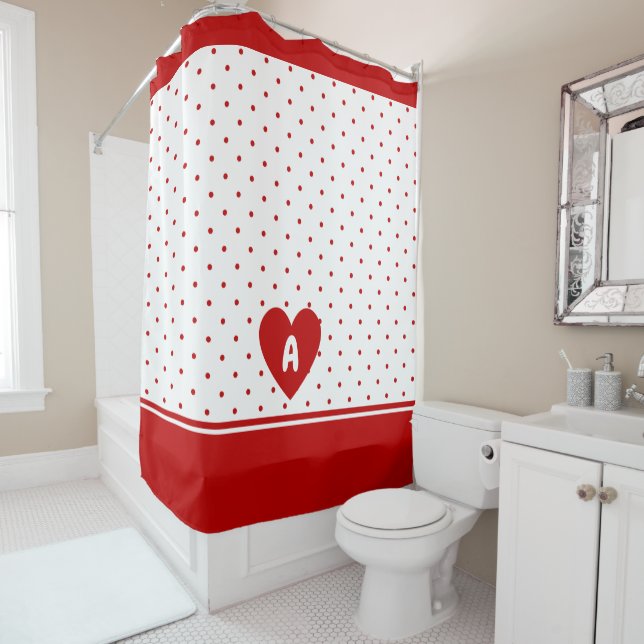 Custom Polka Dot Red White Background Monogram Shower Curtain (In Situ)