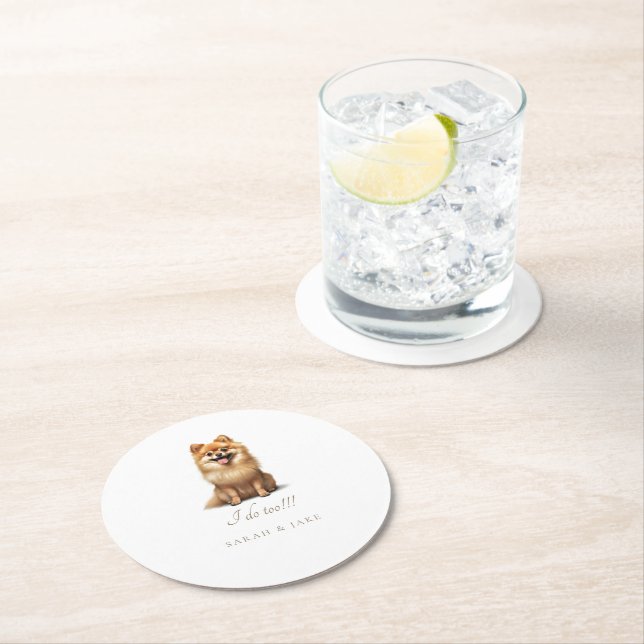 Custom Pomeranian Pet Wedding Round Paper Coaster (Insitu)