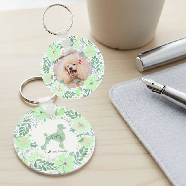 Custom Poodle Photo with Mint Green Floral Wreath Key Ring (Creator Uploaded)