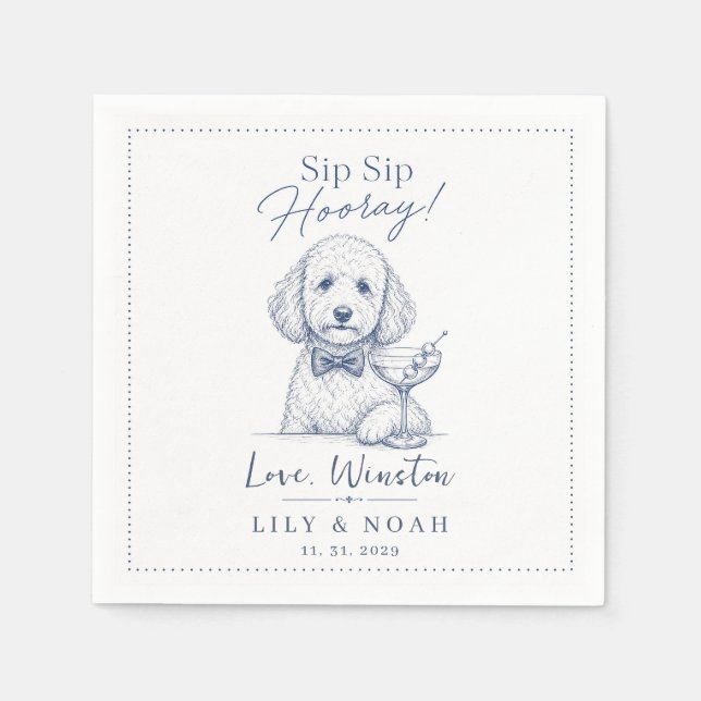 Custom Poodle Wedding Cocktail Keepsake bow blue Napkin (Front)