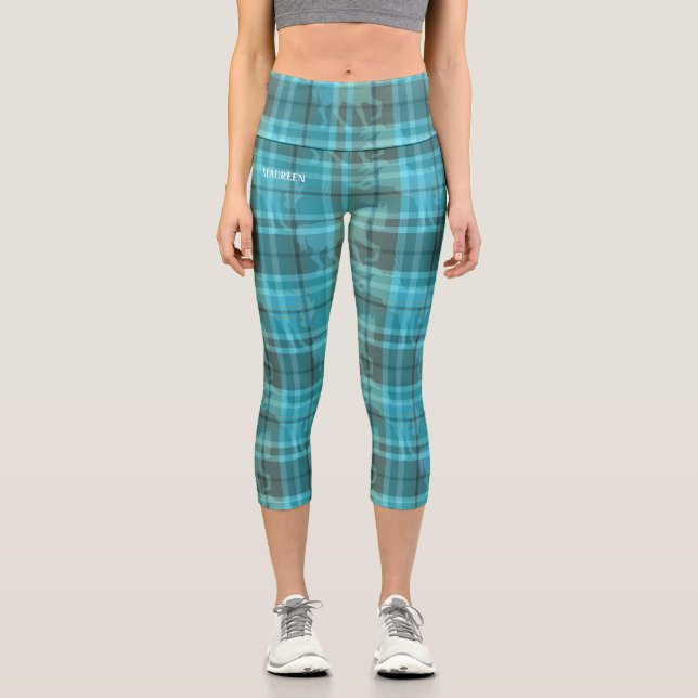 Custom preppy aqua blue turquoise horse tartan  capri leggings (Front)