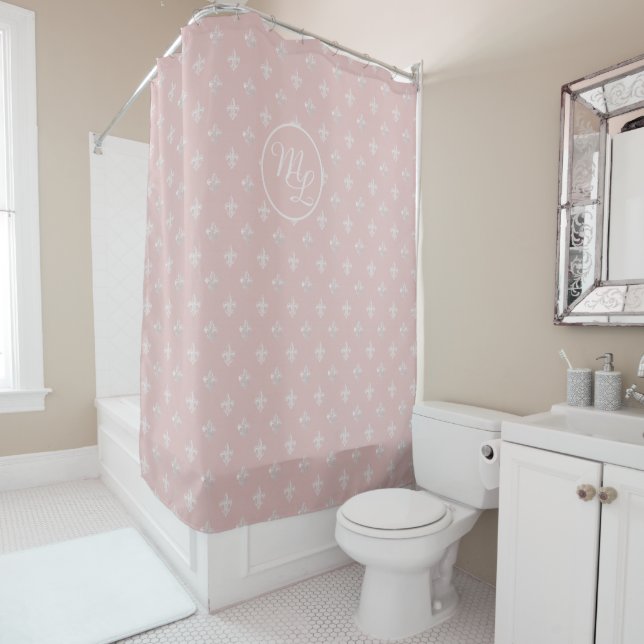 Custom Preppy pink Fleur de Lis Shower Curtain (In Situ)