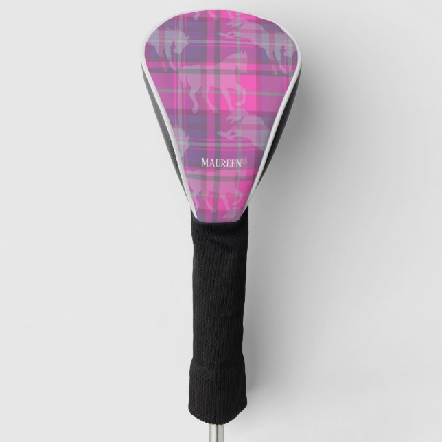 Custom preppy pink purple horse tartan heart golf head cover (Front)