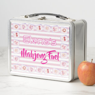 Custom Preppy Pink Stripes Mahjong Fuel Gift Metal Lunch Box