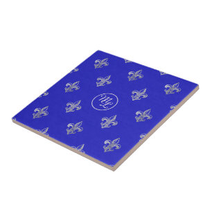 Custom Preppy Royal Blue Fleur de Lis Ceramic Tile