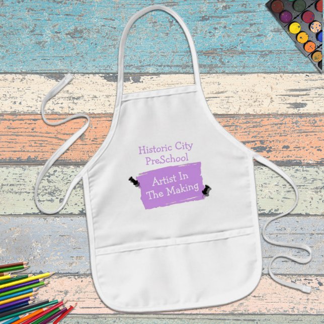 Custom Preschool Artist Violet Scrap Paper Artwork Kids Apron (Time for some fun? Personalize this apron for a gift or a school or child care business accessory.)