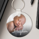 Custom Pretty Handwritten Name Baby Photo Key Ring<br><div class="desc">Create your own personalised round key chain with your custom handwritten script name and baby photo.</div>