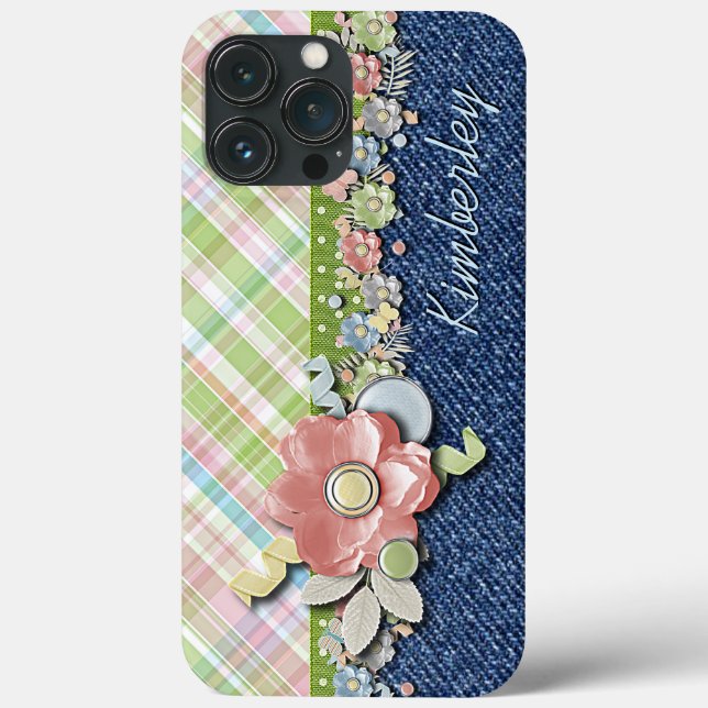 Custom Pretty Pastel Floral Plaid Tartan Pattern Case-Mate iPhone Case (Back)