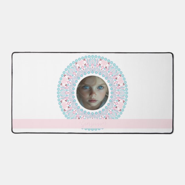 Custom Pretty Pastel Pink and Blue Mandala Frame Desk Mat (Front)