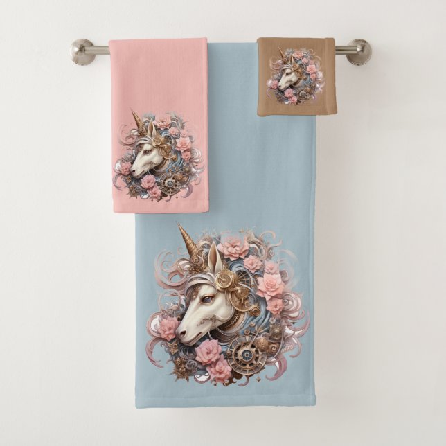 Custom Pretty Pink Gold Blue Unicorn Bath Towel Set (Insitu)