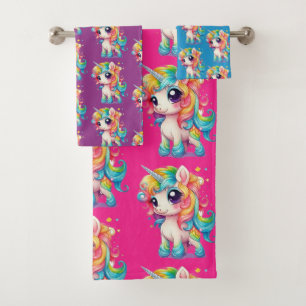 Custom Pretty Pink Purple Teal Rainbow Unicorn Bath Towel Set