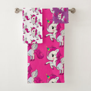 Custom Pretty Pink Purple White Rainbow Unicorn Bath Towel Set