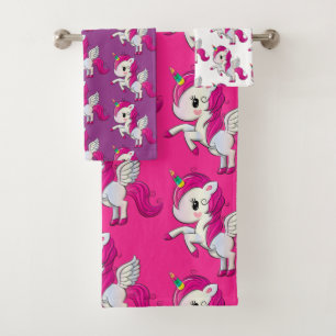 Custom Pretty Pink Purple White Rainbow Unicorn Bath Towel Set