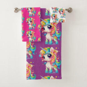 Custom Pretty Pink Purple White Rainbow Unicorn Bath Towel Set