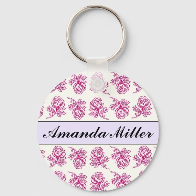 Custom Pretty Pink Roses Name, Initials Keychain (Front)