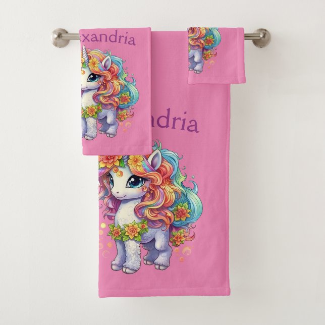 Custom Pretty Pink Unicorn Bath Towel Set (Insitu)