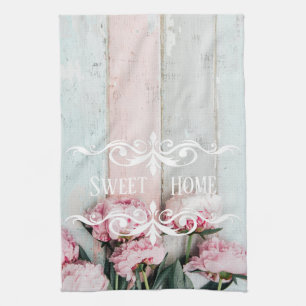 Custom pretty rustic wood Pink Blue paint Floral Tea Towel