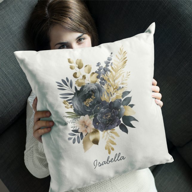 Custom Pretty Watercolor Black Gold Floral Cushion (Creator Uploaded)