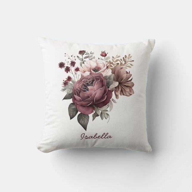 Custom Pretty Watercolor Burgundy Floral Cushion (Front)