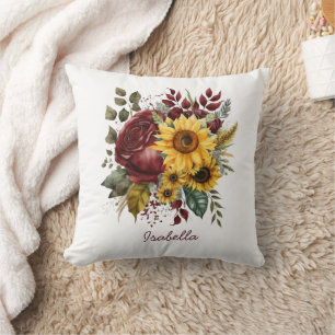 Custom Pretty Watercolor Sunflower Burgundy Floral Cushion