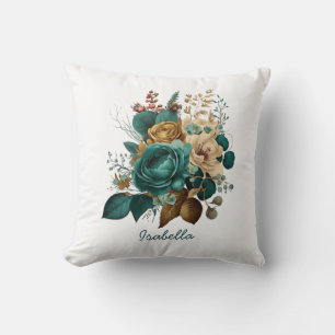 Custom Pretty Watercolor Teal Gold Floral  Cushion