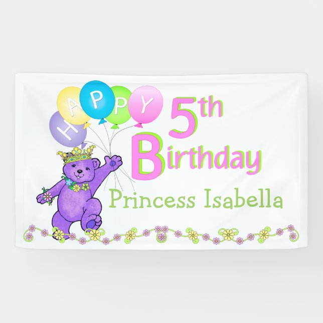 Custom Princess Bear 5th Birthday Party Banner (Horizontal)