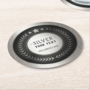 CUSTOM PRINT DIY MEDAL Silver Champion EDITABLE Round Paper Coaster
