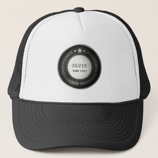 CUSTOM PRINT DIY MEDAL Silver Champion EDITABLE Trucker Hat (Front)