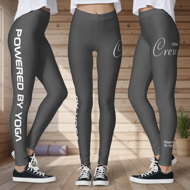 Custom Print Yoga Crew Dark Grey Leggings (Grey yoga leggings shown from 3 angles in a wood yoga studio.)
