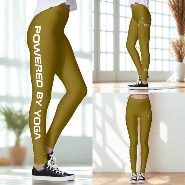 Custom Print Yoga Crew Yellow Brown Leggings (Yellow brown yoga leggings shown in 3 different views.)