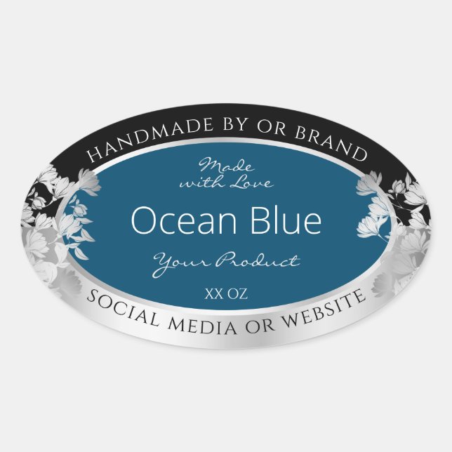 Custom Product Labels Ocean Blue with Silver Frame (Front)