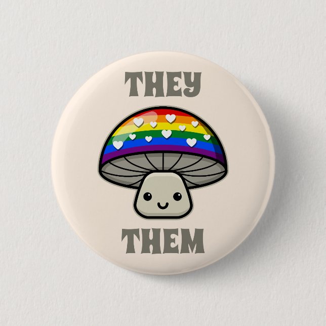 Custom Pronouns Cute LGBTQIA+ Pride Mushroom 6 Cm Round Badge (Front)