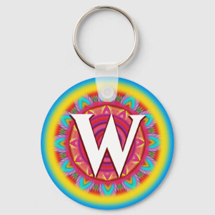 Custom psychedelic initial button key ring 'W'