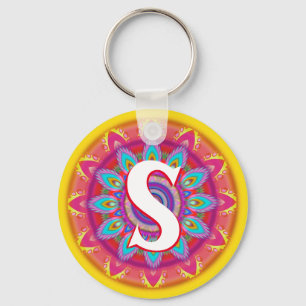 Custom psychedelic initial button key ring yellows