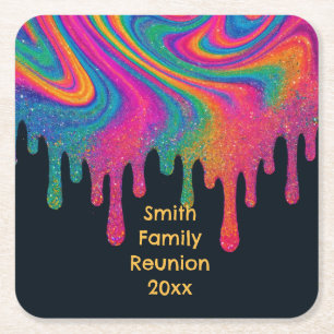 Custom Psychedelic Neon Glitter Drip Can Cooler Square Paper Coaster