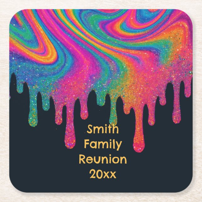 Custom Psychedelic Neon Glitter Drip Can Cooler Square Paper Coaster (Front)