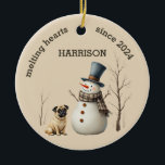 Custom Pug Dog Heart melting Keepsake Ceramic Ornament<br><div class="desc">A adorable watercolor pug and snowman makes these custom Christmas ornaments a heart warming keepsake gift. Easily customise to make a special gift this Christmas.</div>
