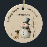 Custom Pug Dog Heart melting Keepsake Ceramic Ornament<br><div class="desc">A adorable watercolor pug and snowman makes these custom Christmas ornaments a heart warming keepsake gift. Easily customise to make a special gift this Christmas.</div>