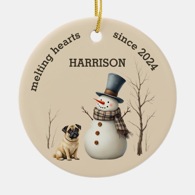 Custom Pug Dog Heart melting Keepsake Ceramic Ornament (Front)