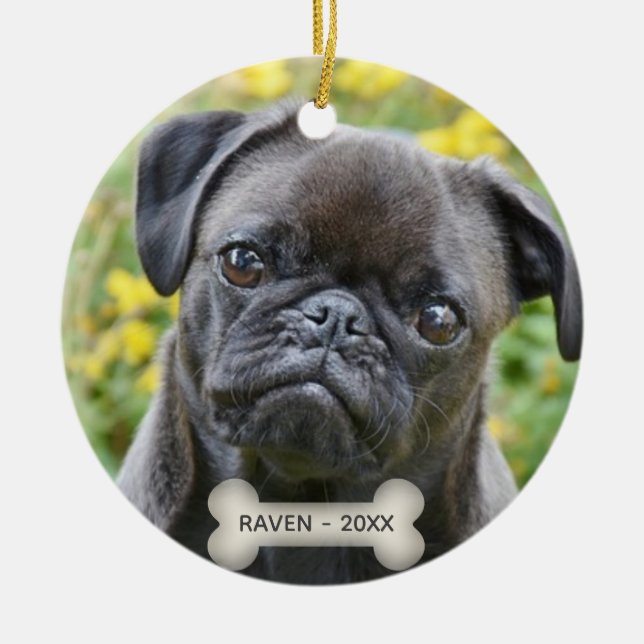 Custom Pug Dog Photo Ceramic Ornament (Front)