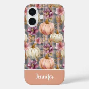Custom Pumpkin and Flowers plaid  pattern  iPhone 16 Case